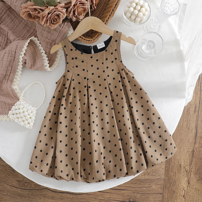 Vestido Infantil Vintage Poá sem Manga Casual